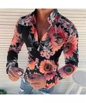 Rash Guards Men's Causal Long Sleeve Flower Turn-Down Collar Printed Shirt Fit Slim Blouse Tops Tee - Black - C61942ICYLD