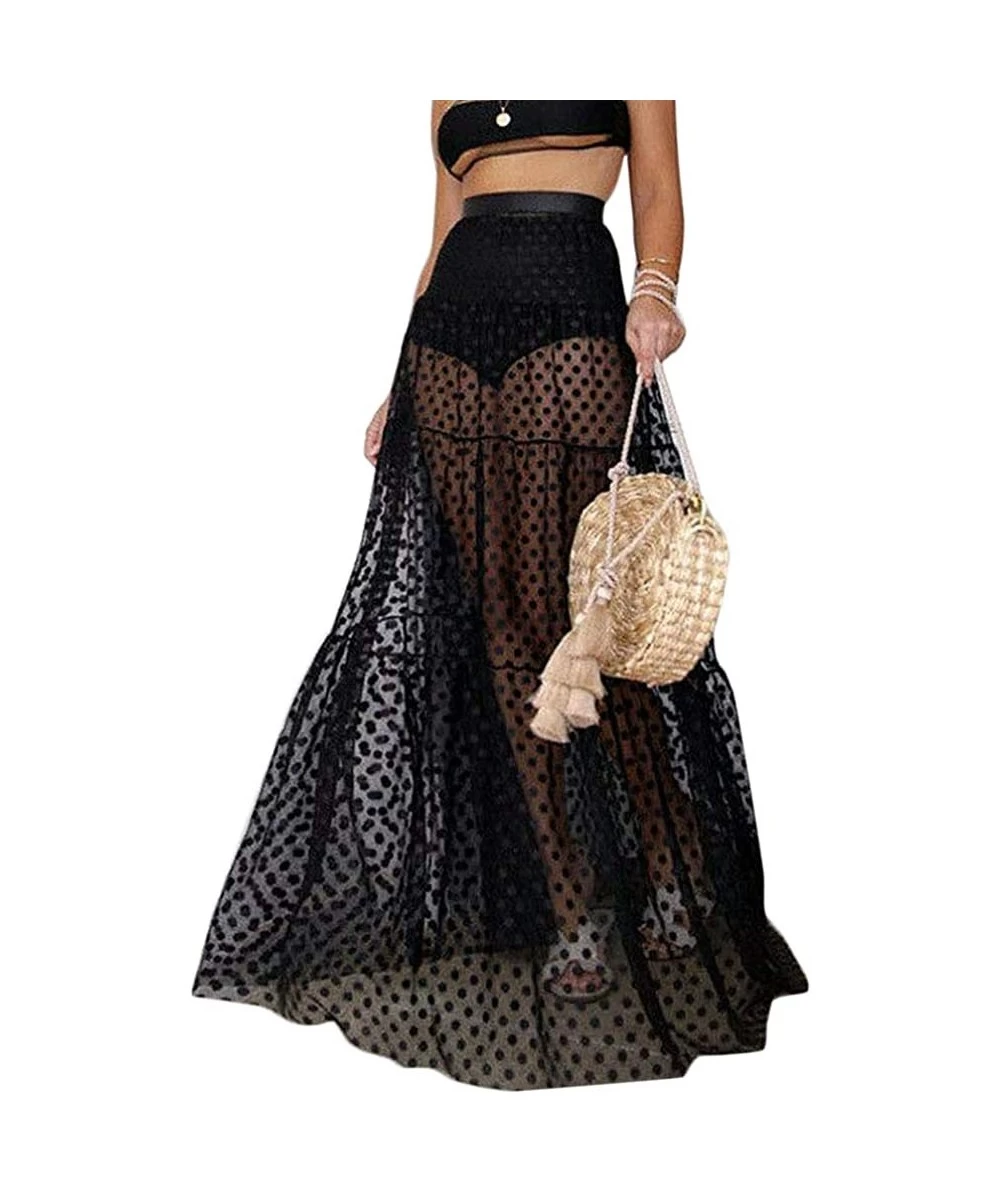 Cover-Ups Women Black Mesh Sheer Transparent Dot Long Skirt Sexy Lace High Waist Dress Cover Ups - Black - CB194W3TDZ9