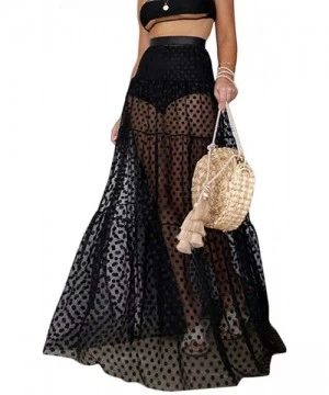 Cover-Ups Women Black Mesh Sheer Transparent Dot Long Skirt Sexy Lace High Waist Dress Cover Ups - Black - CB194W3TDZ9