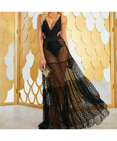 Cover-Ups Women Black Mesh Sheer Transparent Dot Long Skirt Sexy Lace High Waist Dress Cover Ups - Black - CB194W3TDZ9