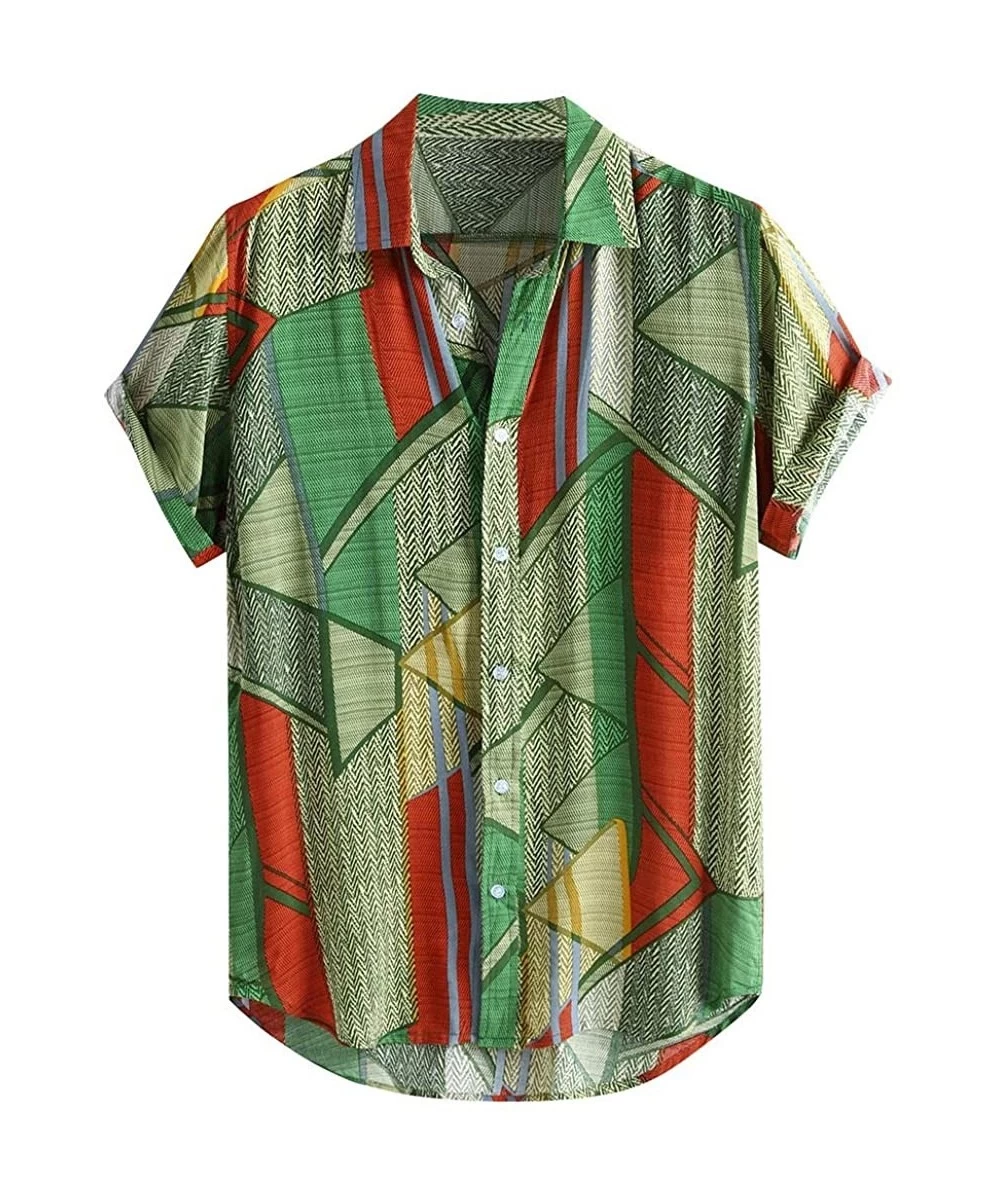 Rash Guards Striped Shirt Mens Button Down Ethnic Style Summer Short Sleeve Loose Casual Tee Blouse Tops - Green - CH1942H0SAD