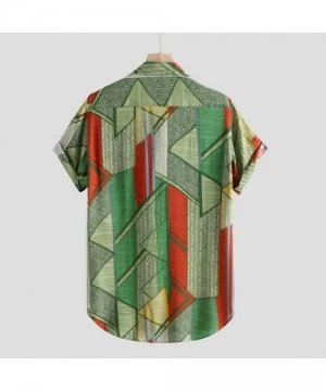 Rash Guards Striped Shirt Mens Button Down Ethnic Style Summer Short Sleeve Loose Casual Tee Blouse Tops - Green - CH1942H0SAD