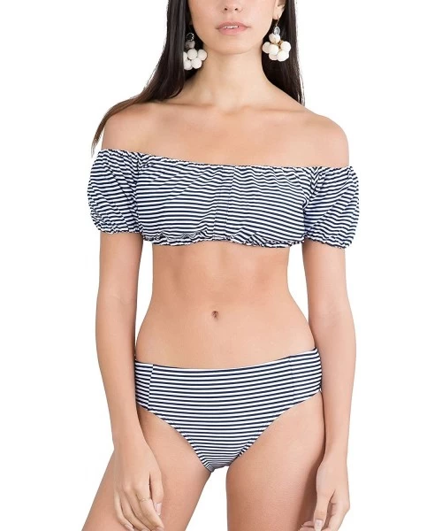 Bottoms Women's Bardot Style Off Shoulder Swimwear - Two Piece - Navy/White Stipe - CM180ZAMW4O