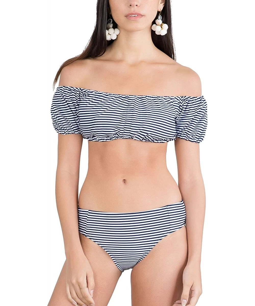 Bottoms Women's Bardot Style Off Shoulder Swimwear - Two Piece - Navy/White Stipe - CM180ZAMW4O