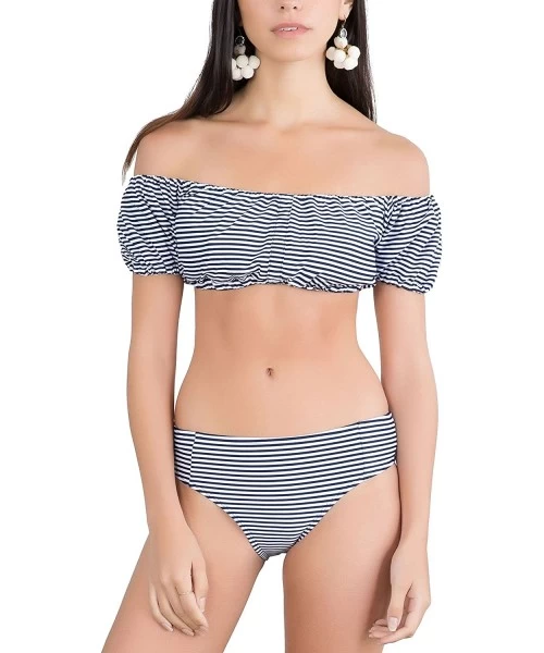 Bottoms Women's Bardot Style Off Shoulder Swimwear - Two Piece - Navy/White Stipe - CM180ZAMW4O