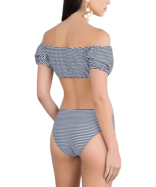 Bottoms Women's Bardot Style Off Shoulder Swimwear - Two Piece - Navy/White Stipe - CM180ZAMW4O