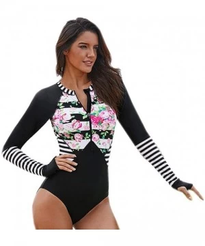 Rash Guards Long Sleeve Swimsuit Women's Surfing Rashguard One Piece Swimwear Floral Printed - Black - CP18QQREOTU