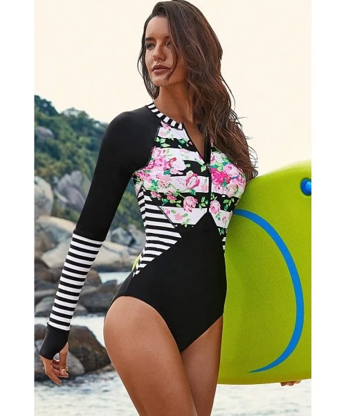 Rash Guards Long Sleeve Swimsuit Women's Surfing Rashguard One Piece Swimwear Floral Printed - Black - CP18QQREOTU