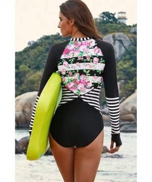 Rash Guards Long Sleeve Swimsuit Women's Surfing Rashguard One Piece Swimwear Floral Printed - Black - CP18QQREOTU