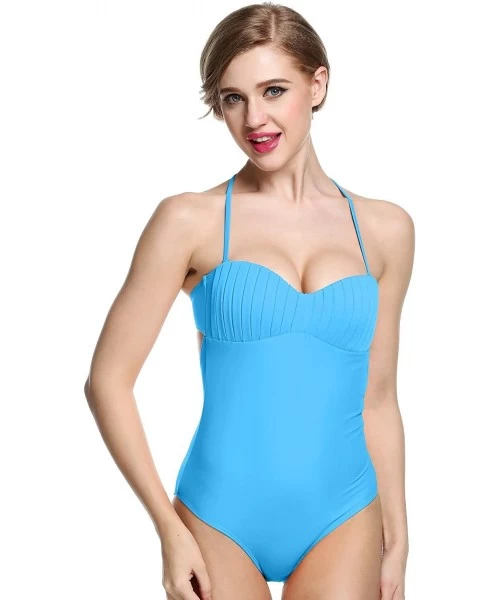 One-Pieces Women Retro Halter One Piece Swimsuit Off-Shoulder Bandeau Bathing Suit Swimwear - Sky-blue - CY18E8WGHZE