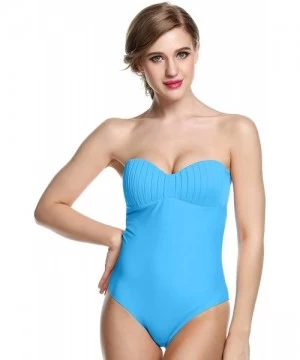 One-Pieces Women Retro Halter One Piece Swimsuit Off-Shoulder Bandeau Bathing Suit Swimwear - Sky-blue - CY18E8WGHZE