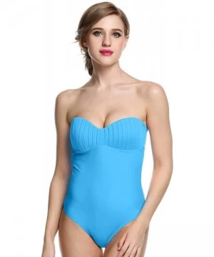 One-Pieces Women Retro Halter One Piece Swimsuit Off-Shoulder Bandeau Bathing Suit Swimwear - Sky-blue - CY18E8WGHZE