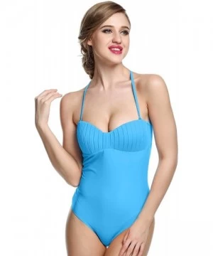 One-Pieces Women Retro Halter One Piece Swimsuit Off-Shoulder Bandeau Bathing Suit Swimwear - Sky-blue - CY18E8WGHZE