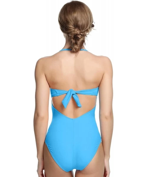 One-Pieces Women Retro Halter One Piece Swimsuit Off-Shoulder Bandeau Bathing Suit Swimwear - Sky-blue - CY18E8WGHZE