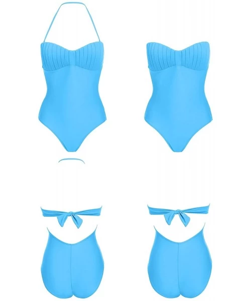 One-Pieces Women Retro Halter One Piece Swimsuit Off-Shoulder Bandeau Bathing Suit Swimwear - Sky-blue - CY18E8WGHZE