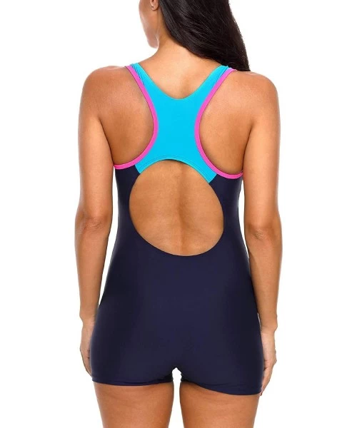 One-Pieces Women Boyleg One Piece Swimsuit Athletic Racerback Swimwear Bathing Suit - Navy/Blue Racerback - CN18NX0LD7E