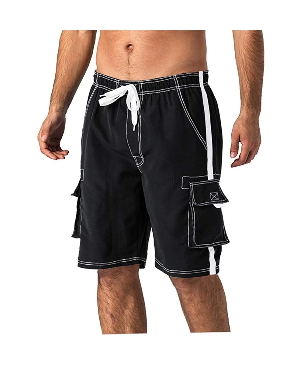 Board Shorts Men's Quick Dry Swim Trunks Side Stripe Bathing Suit Board Shorts with Mesh Lining Cargo Pockets - Black - CL18R...