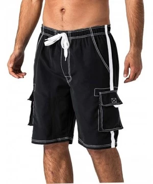 Board Shorts Men's Quick Dry Swim Trunks Side Stripe Bathing Suit Board Shorts with Mesh Lining Cargo Pockets - Black - CL18R...