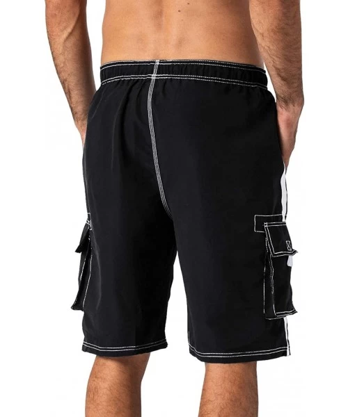 Board Shorts Men's Quick Dry Swim Trunks Side Stripe Bathing Suit Board Shorts with Mesh Lining Cargo Pockets - Black - CL18R...