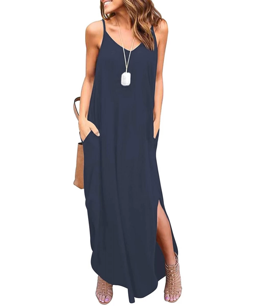 Cover-Ups Women's Summer Casual Sleeveless V Neck Strappy Split Loose Dress Beach Cover Up Long Cami Maxi Dresses with Pocket...