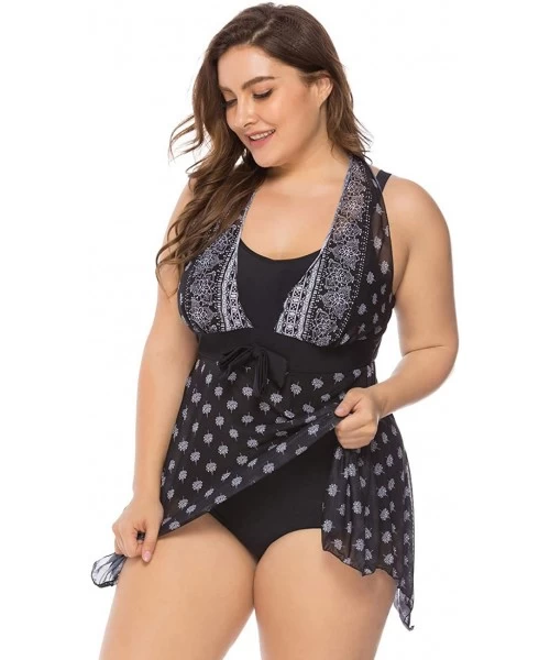 Cover-Ups Women's Plus Size Floral Swimdress High Waist Tankini Set V Neck Swimwear - Atrous - CP19C5UXZQC