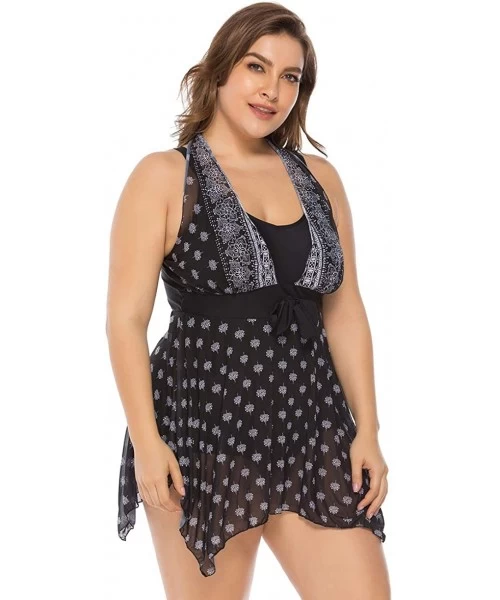 Cover-Ups Women's Plus Size Floral Swimdress High Waist Tankini Set V Neck Swimwear - Atrous - CP19C5UXZQC