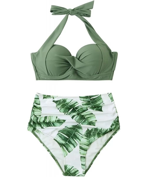 Sets Women Vintage Halter Ruched Bikini High Waisted Push Up Swimsuits - Leaf Army Green - CX194IU0TR3