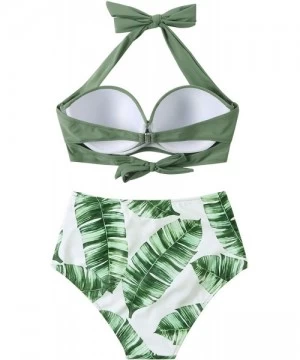 Sets Women Vintage Halter Ruched Bikini High Waisted Push Up Swimsuits - Leaf Army Green - CX194IU0TR3