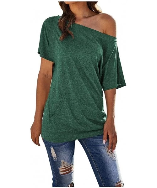 Racing Women's Short Sleeve Boat Neck Off Shoulder Blouse Tops with Pocket - Green - C219585YL00