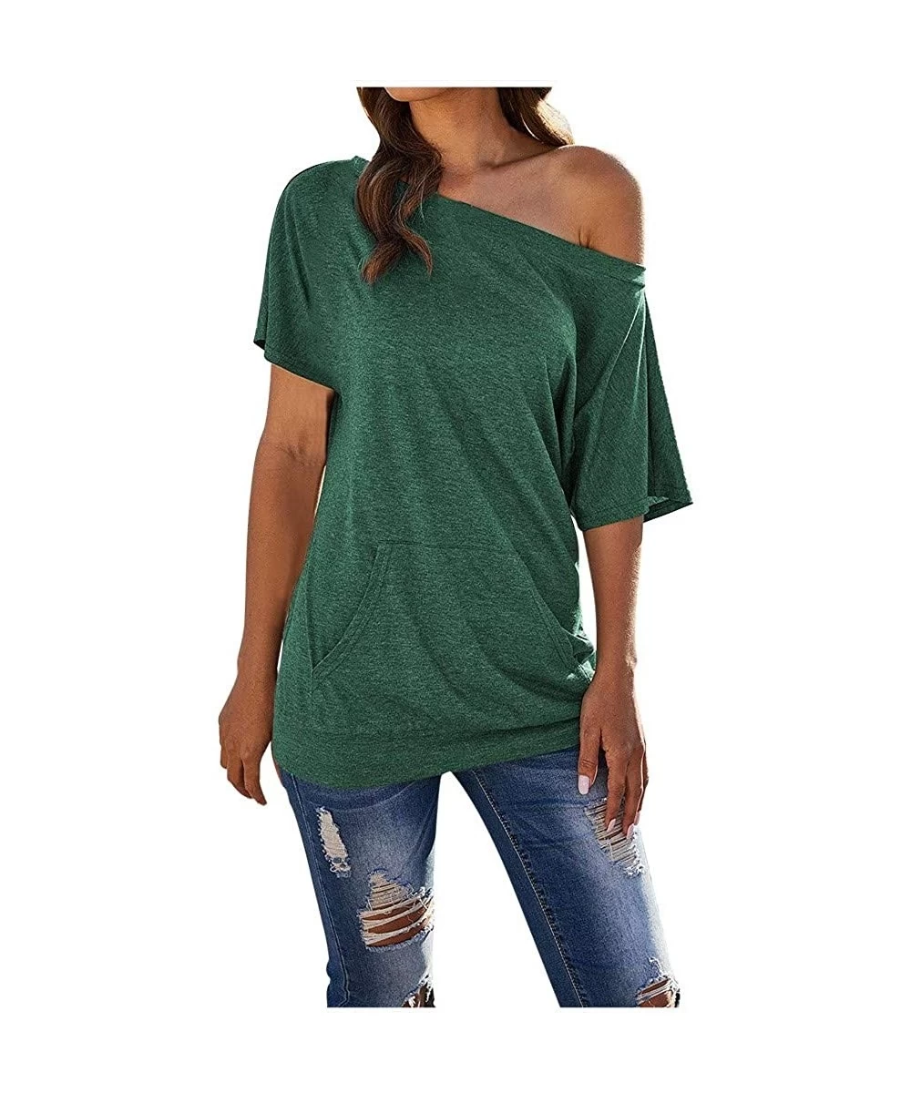 Racing Women's Short Sleeve Boat Neck Off Shoulder Blouse Tops with Pocket - Green - C219585YL00