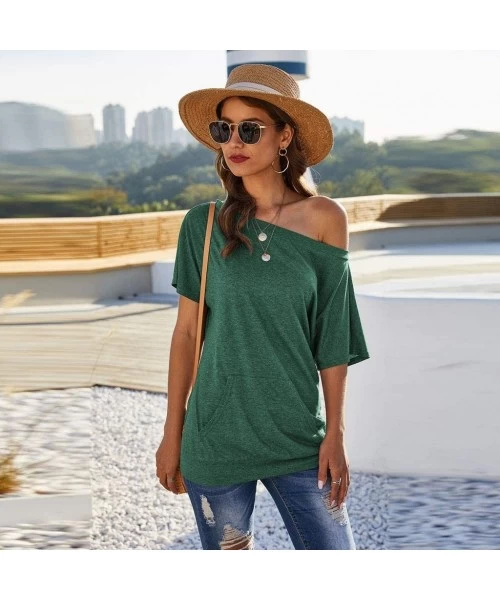 Racing Women's Short Sleeve Boat Neck Off Shoulder Blouse Tops with Pocket - Green - C219585YL00