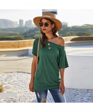 Racing Women's Short Sleeve Boat Neck Off Shoulder Blouse Tops with Pocket - Green - C219585YL00