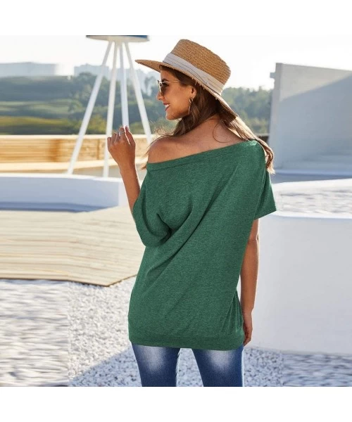 Racing Women's Short Sleeve Boat Neck Off Shoulder Blouse Tops with Pocket - Green - C219585YL00