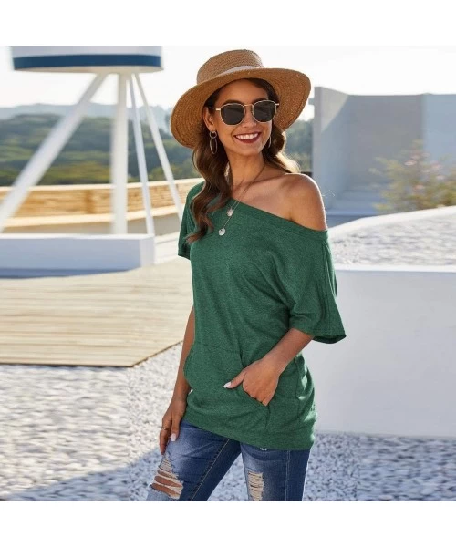 Racing Women's Short Sleeve Boat Neck Off Shoulder Blouse Tops with Pocket - Green - C219585YL00