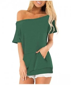 Racing Women's Short Sleeve Boat Neck Off Shoulder Blouse Tops with Pocket - Green - C219585YL00