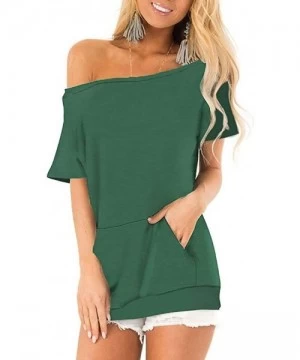 Racing Women's Short Sleeve Boat Neck Off Shoulder Blouse Tops with Pocket - Green - C219585YL00