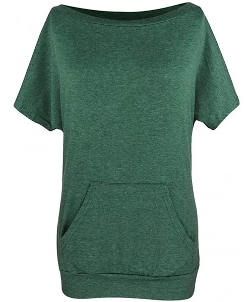 Racing Women's Short Sleeve Boat Neck Off Shoulder Blouse Tops with Pocket - Green - C219585YL00