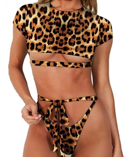 Sets Women's Two Piece Sexy Short Sleeve Crop Top High Cut Thong Bikini Set Sporty Rash Guard High Waist Swimsuit Leopard - C...