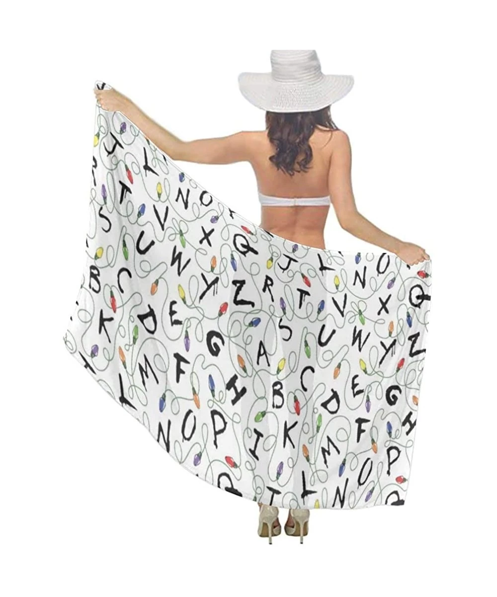 Cover-Ups Women Chiffon Sarong Beach Swimsuit Bikini Cover Up Fashion Shawl Wrap - Stranger Letter Things White - CB196SQX85M