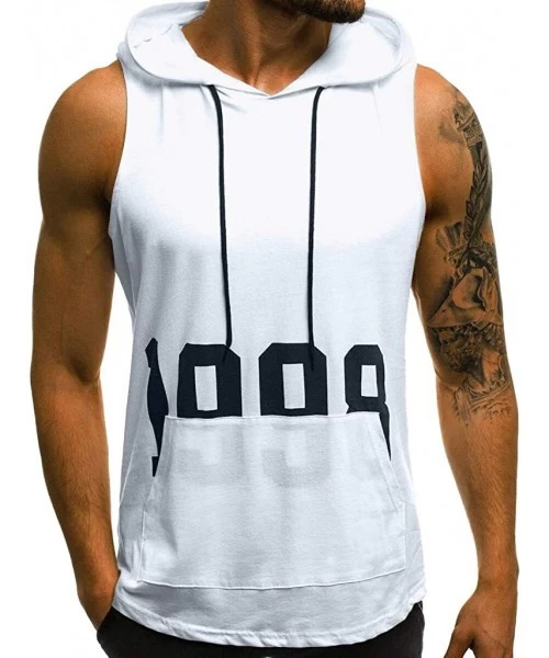 Rash Guards Muscle Hole 1998 Sleeveless Tops Men Fitness Hooded Bodybuilding Skin Tight-Drying Hoodie - White - CA1944LZ3Q3