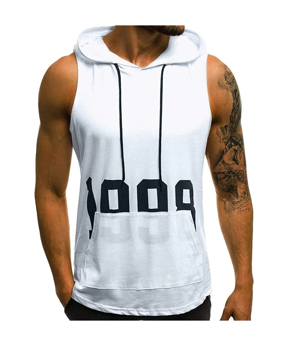 Rash Guards Muscle Hole 1998 Sleeveless Tops Men Fitness Hooded Bodybuilding Skin Tight-Drying Hoodie - White - CA1944LZ3Q3