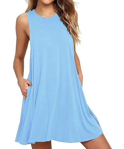 Cover-Ups Women's Summer Casual Swing T-Shirt Dresses Beach Cover up with Pockets - Light Blue - CI1807RK359