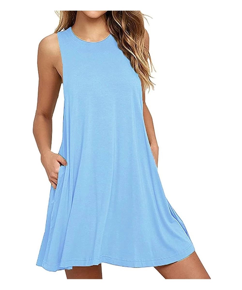 Cover-Ups Women's Summer Casual Swing T-Shirt Dresses Beach Cover up with Pockets - Light Blue - CI1807RK359