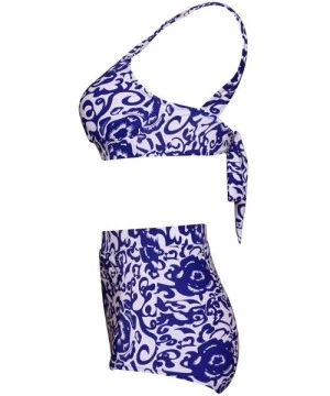 Tops Wide Straps Swimsuit High Waisted Two Piece Bathing Suit High Cut Padding for Women Plus Size - Blue Floral1 - CP18DXUWTO0