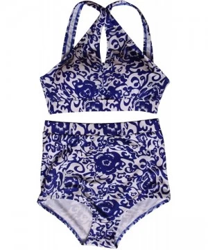 Tops Wide Straps Swimsuit High Waisted Two Piece Bathing Suit High Cut Padding for Women Plus Size - Blue Floral1 - CP18DXUWTO0