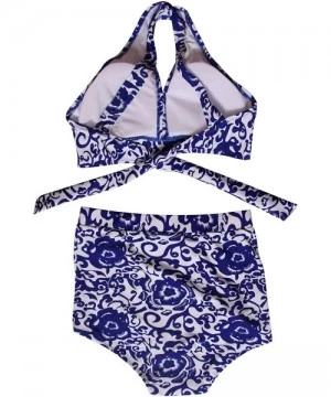 Tops Wide Straps Swimsuit High Waisted Two Piece Bathing Suit High Cut Padding for Women Plus Size - Blue Floral1 - CP18DXUWTO0