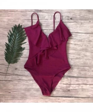 One-Pieces Women's One Piece Swimsuit Ruffle Deep V Neck Monokinis Tummy Control Swimwear Criss Cross Back Bathing Suits Wine...