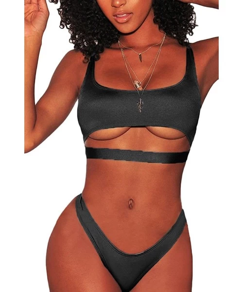 Sets Women's Sexy Scoop Neck Cutout Strappy Cheeky Bottom Bikini Sets 2PCS Swimsuits - Black - C718EAWONAD