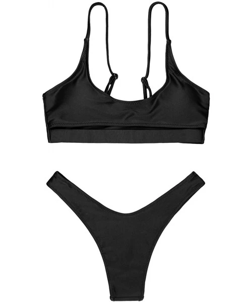 Sets Women's Sexy Scoop Neck Cutout Strappy Cheeky Bottom Bikini Sets 2PCS Swimsuits - Black - C718EAWONAD