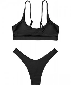 Sets Women's Sexy Scoop Neck Cutout Strappy Cheeky Bottom Bikini Sets 2PCS Swimsuits - Black - C718EAWONAD